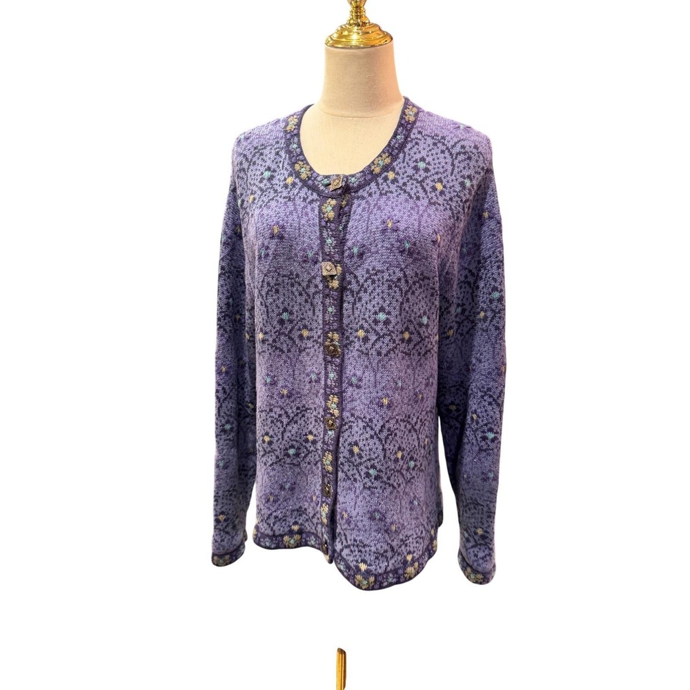Norm Thompson Womens Purple Fair Isle Knit Button Up Cardigan Sweater Medium VTG